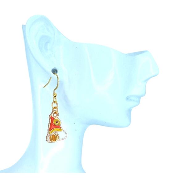 Fall gnome pumpkin dangle earrings — lightweight autumn holiday jewelry - Picture 2 of 4